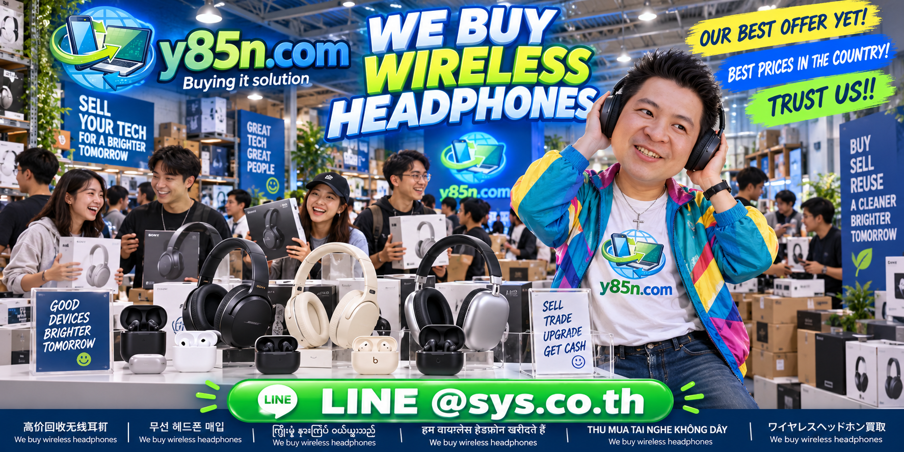 Y85N.com headphone buying area in a busy IT warehouse in Thailand