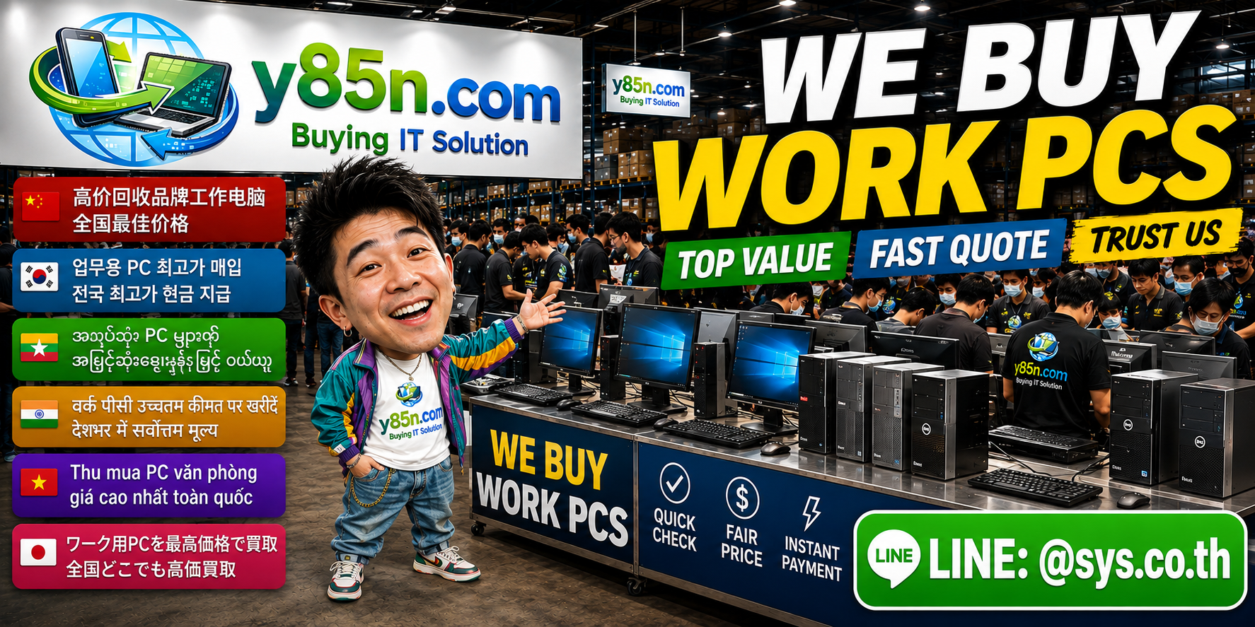 Busy Y85N.com warehouse showing work PC buying service in Thailand
