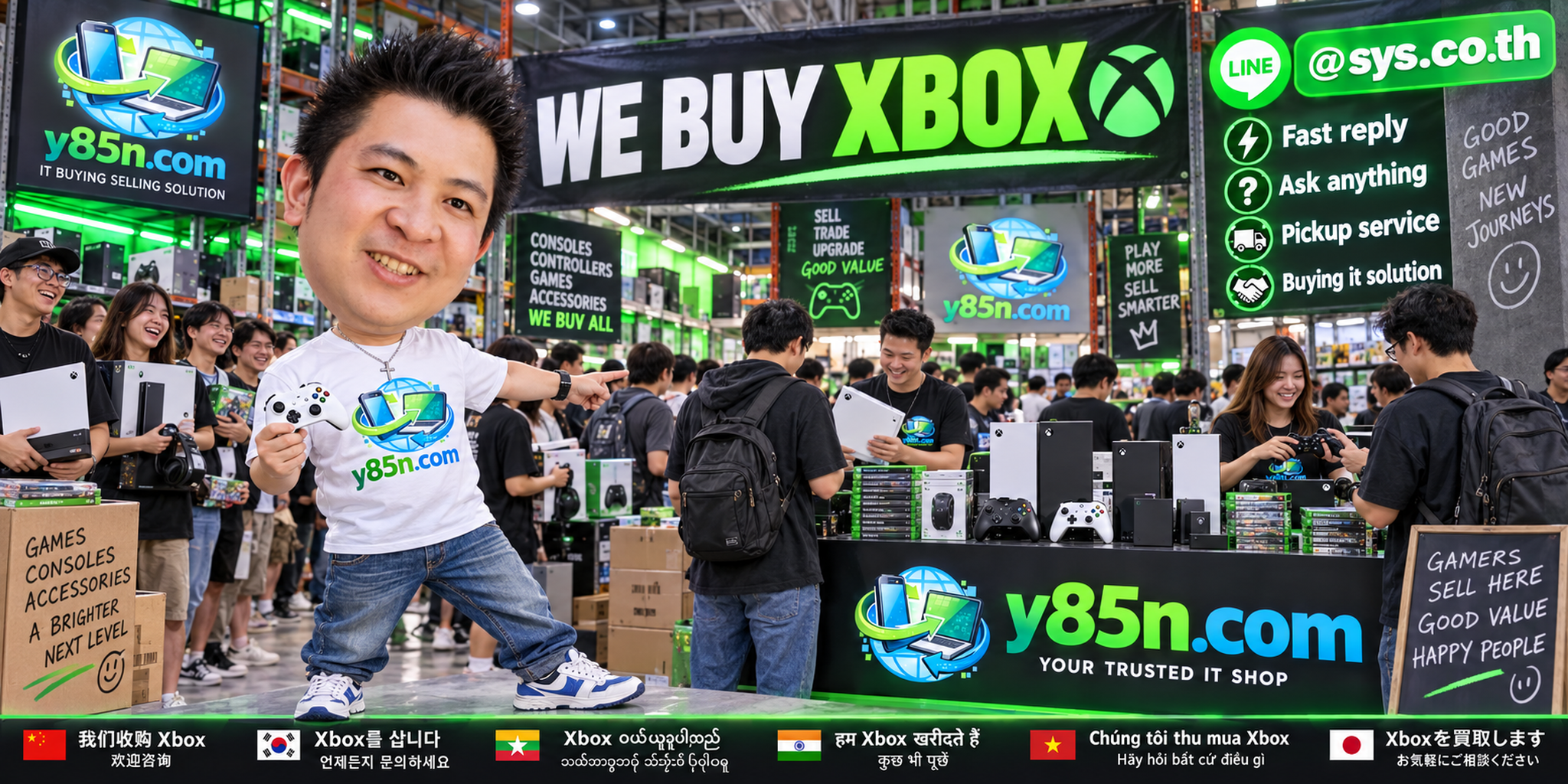 Y85N.com Xbox buying service contact banner with LINE at sys.co.th