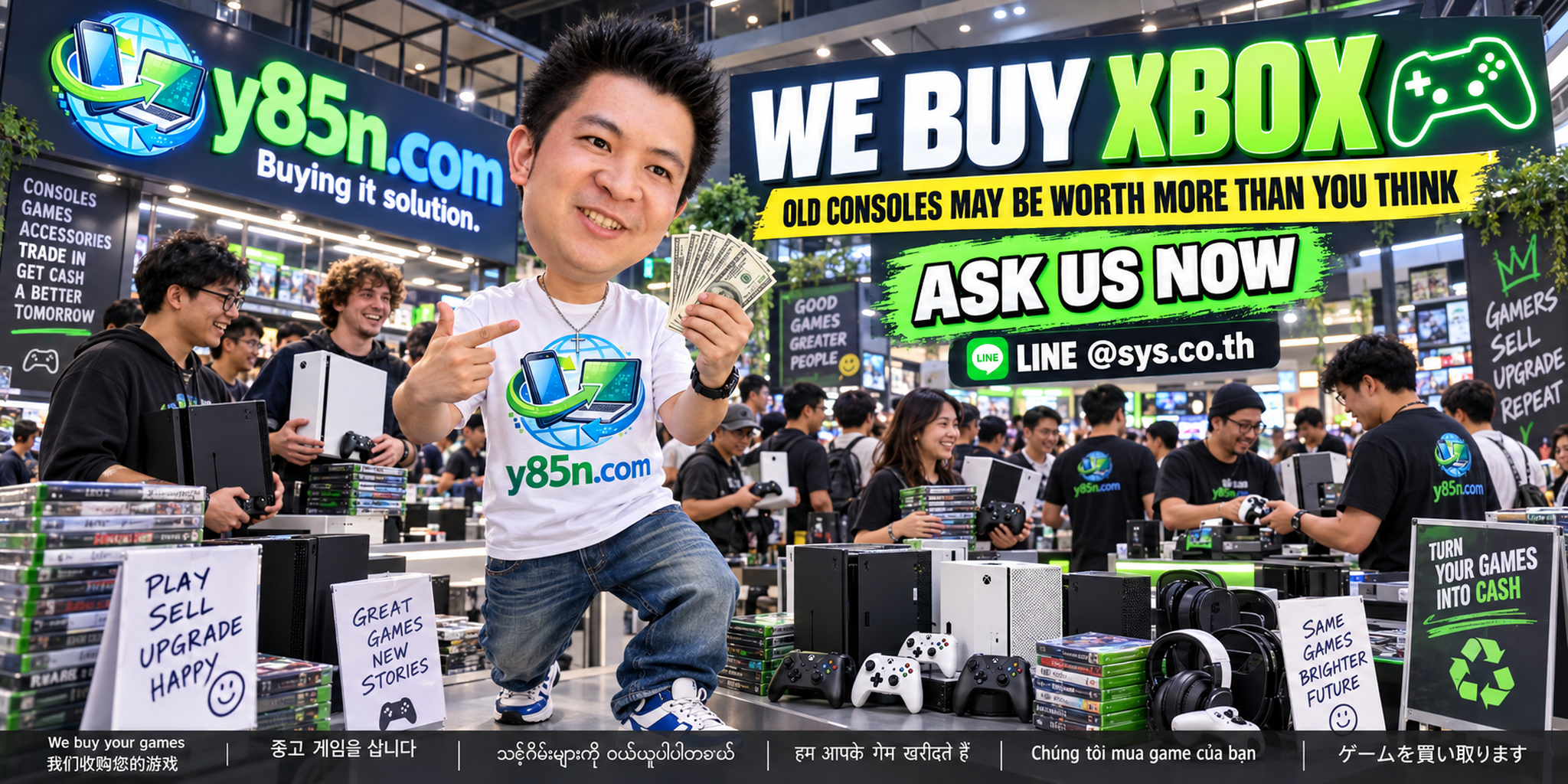 Busy Y85N.com gaming warehouse showing an Xbox buying service in Thailand