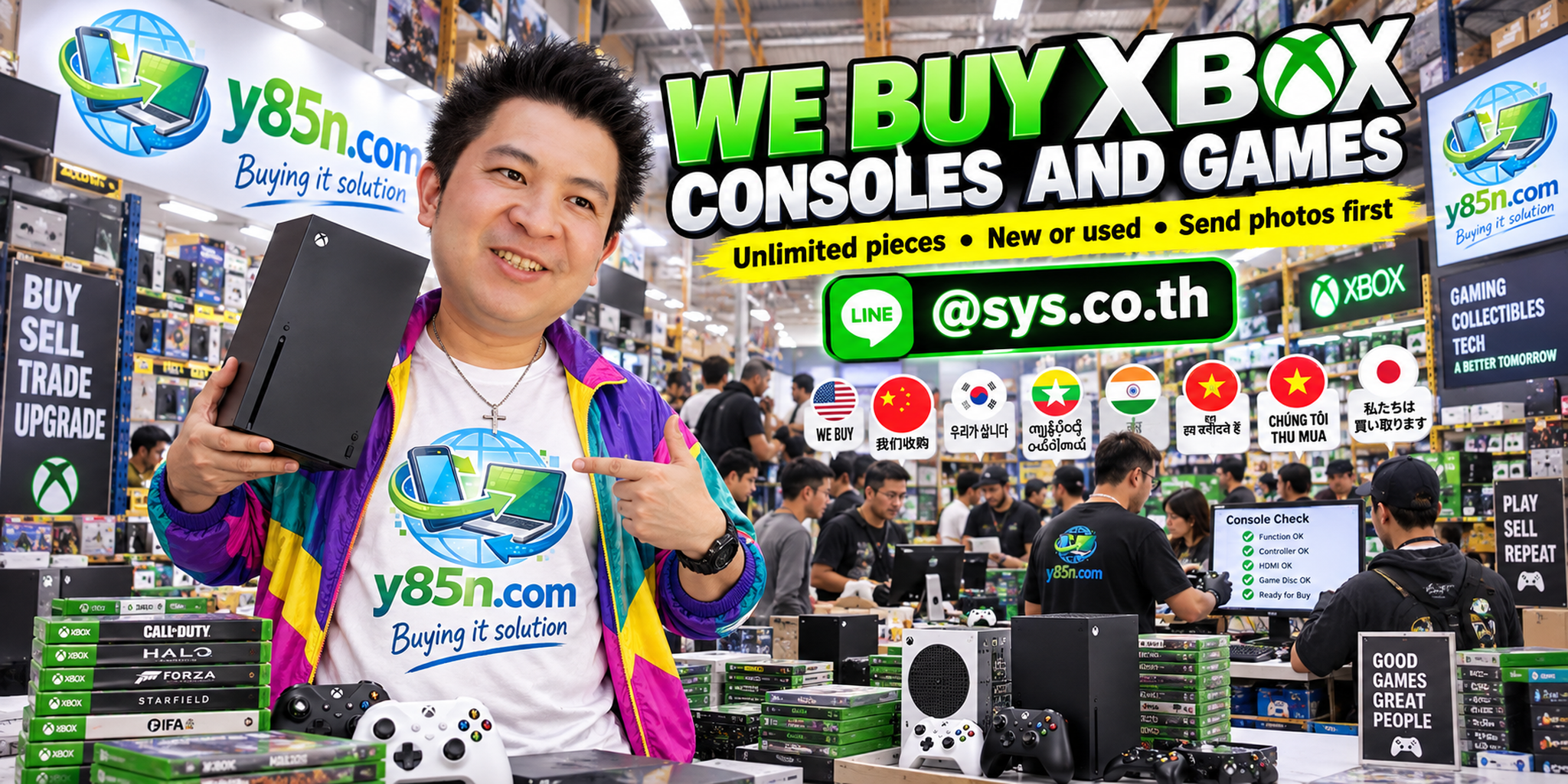 Y85N.com team and customers at a busy Xbox console buying warehouse