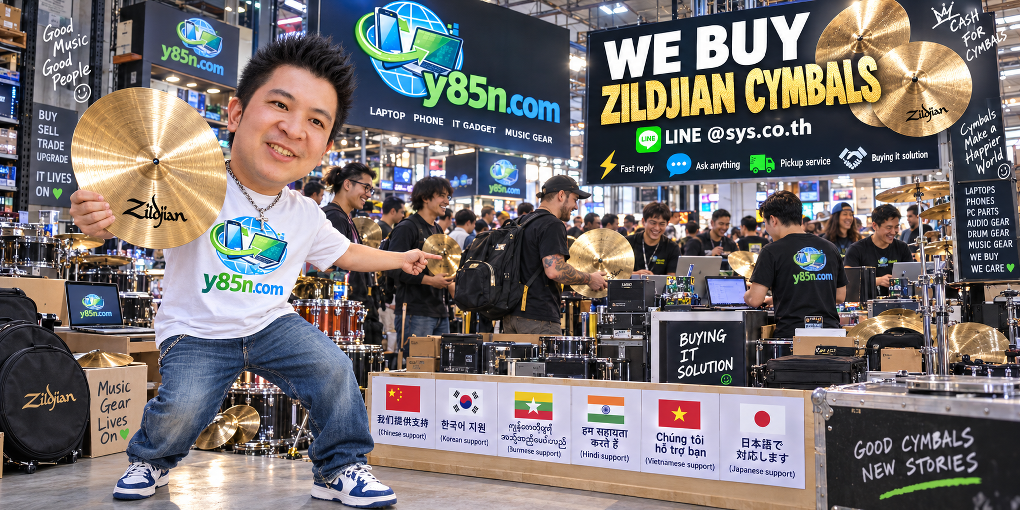 Y85N.com Zildjian cymbal buying service contact banner with LINE at sys.co.th