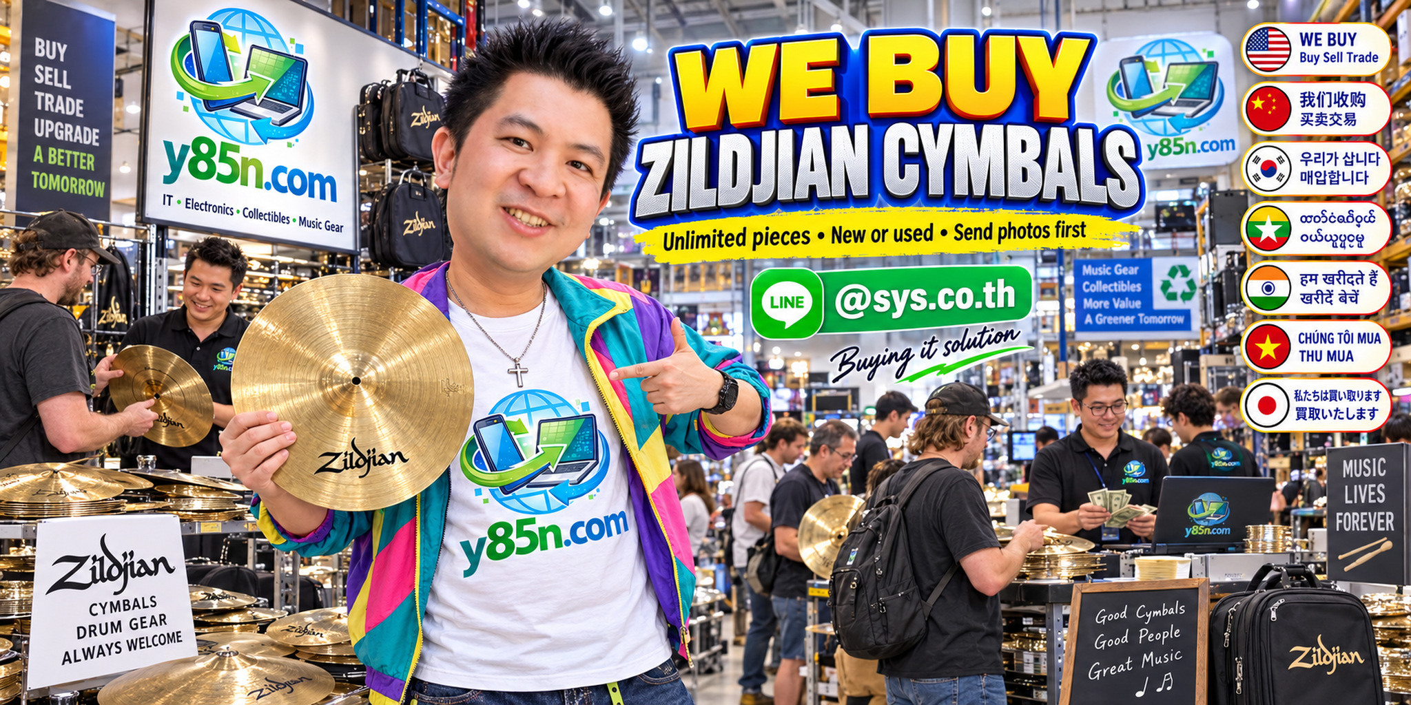 Y85N.com team and customers at a busy warehouse buying Zildjian cymbals