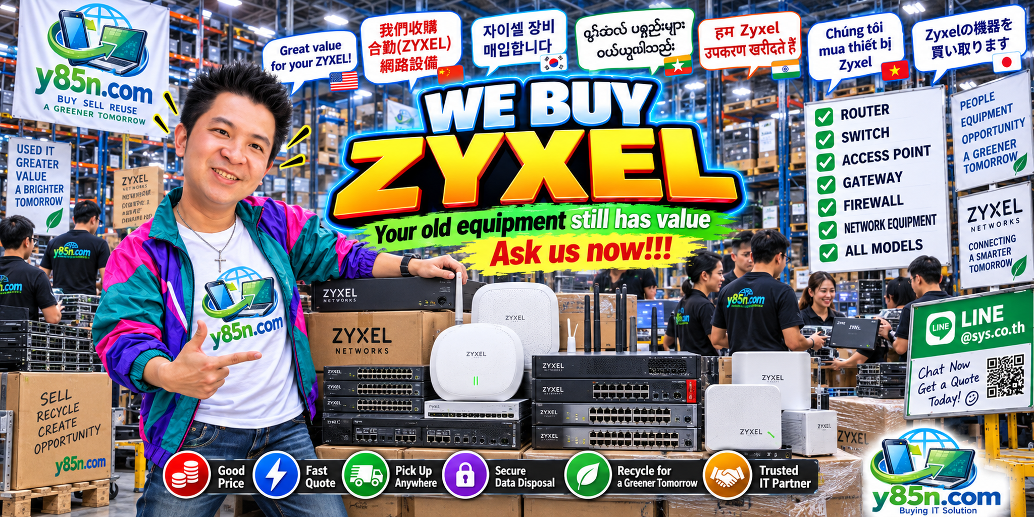 Busy Y85N.com IT warehouse buying Zyxel switches access points routers and security equipment in Thailand