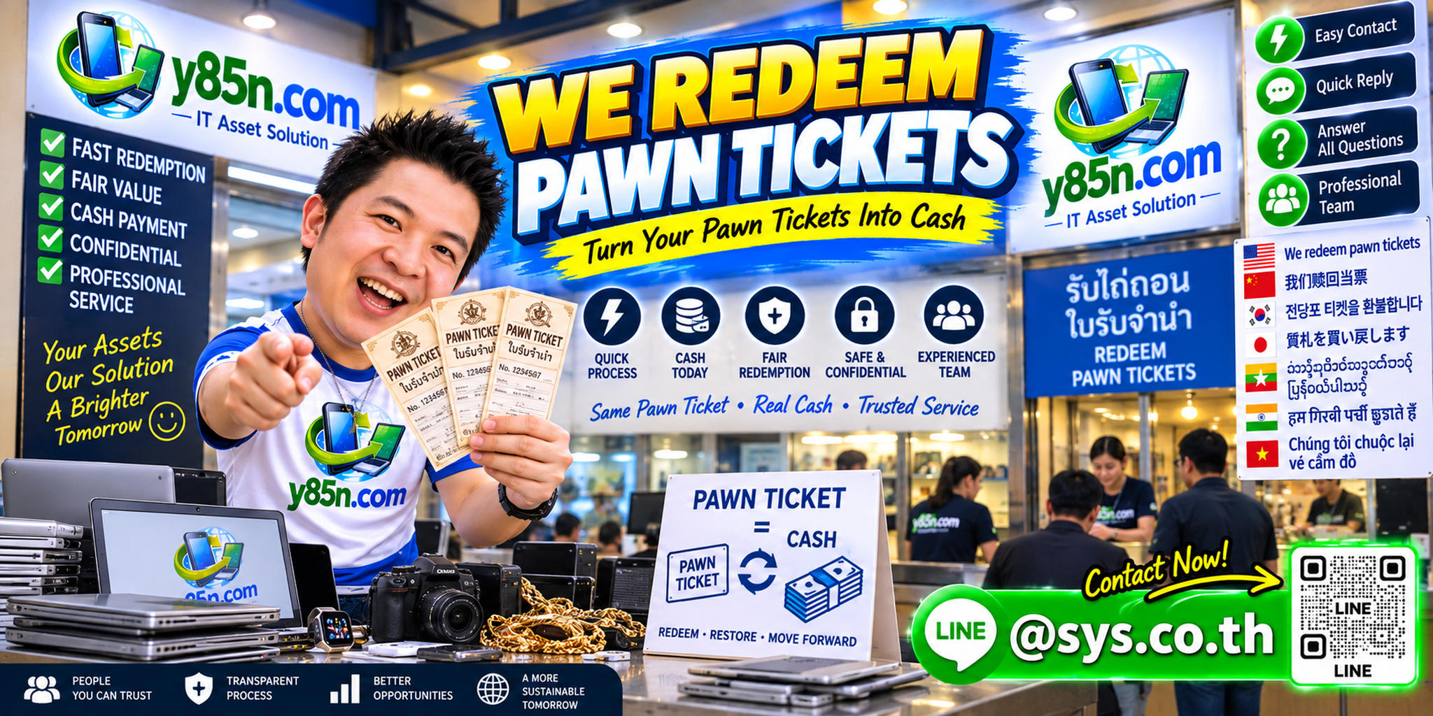 Y85N.com pawn ticket redemption service contact banner with LINE at sys.co.th
