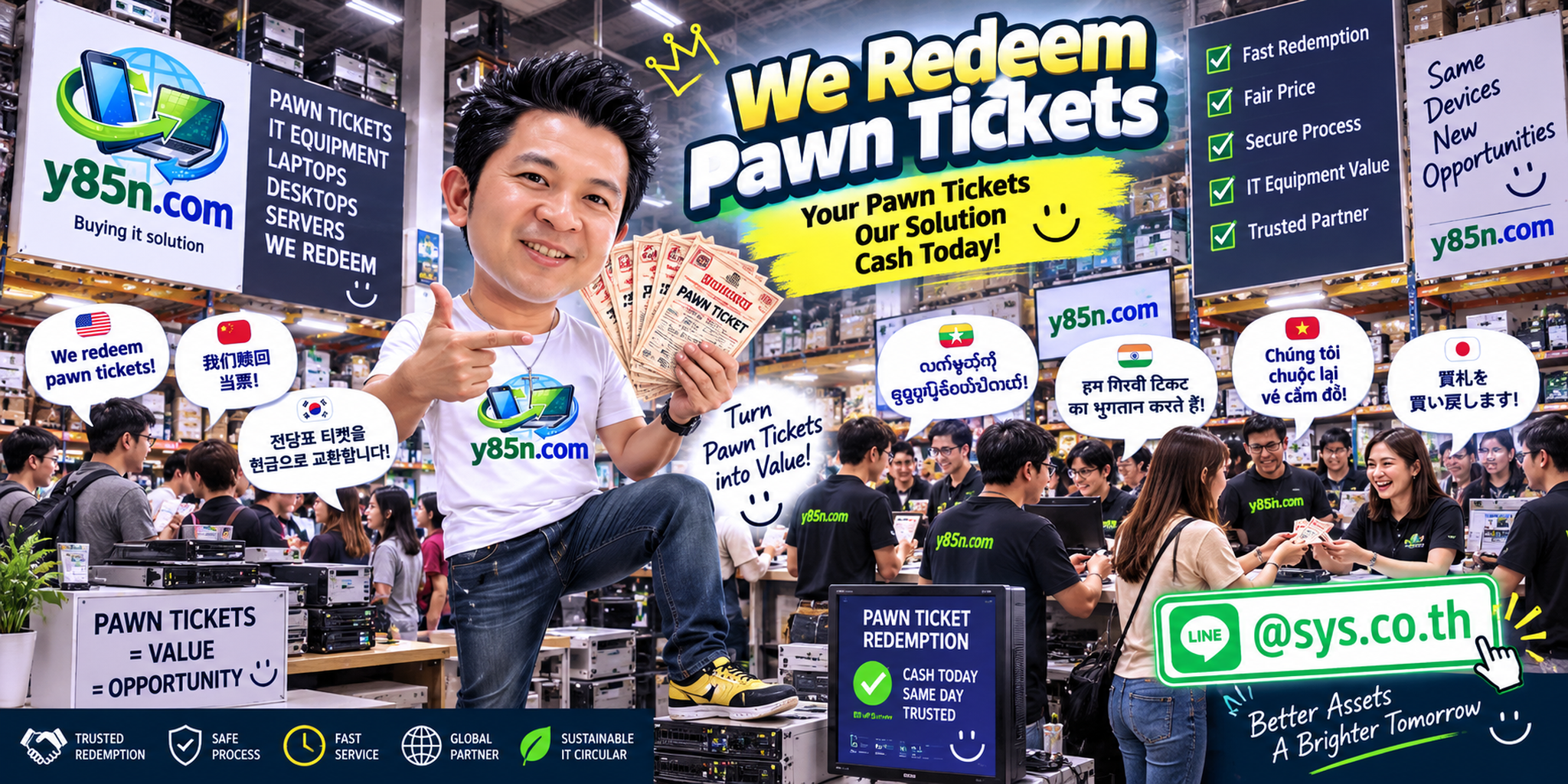 Y85N.com pawn ticket redemption service in a busy IT warehouse setting