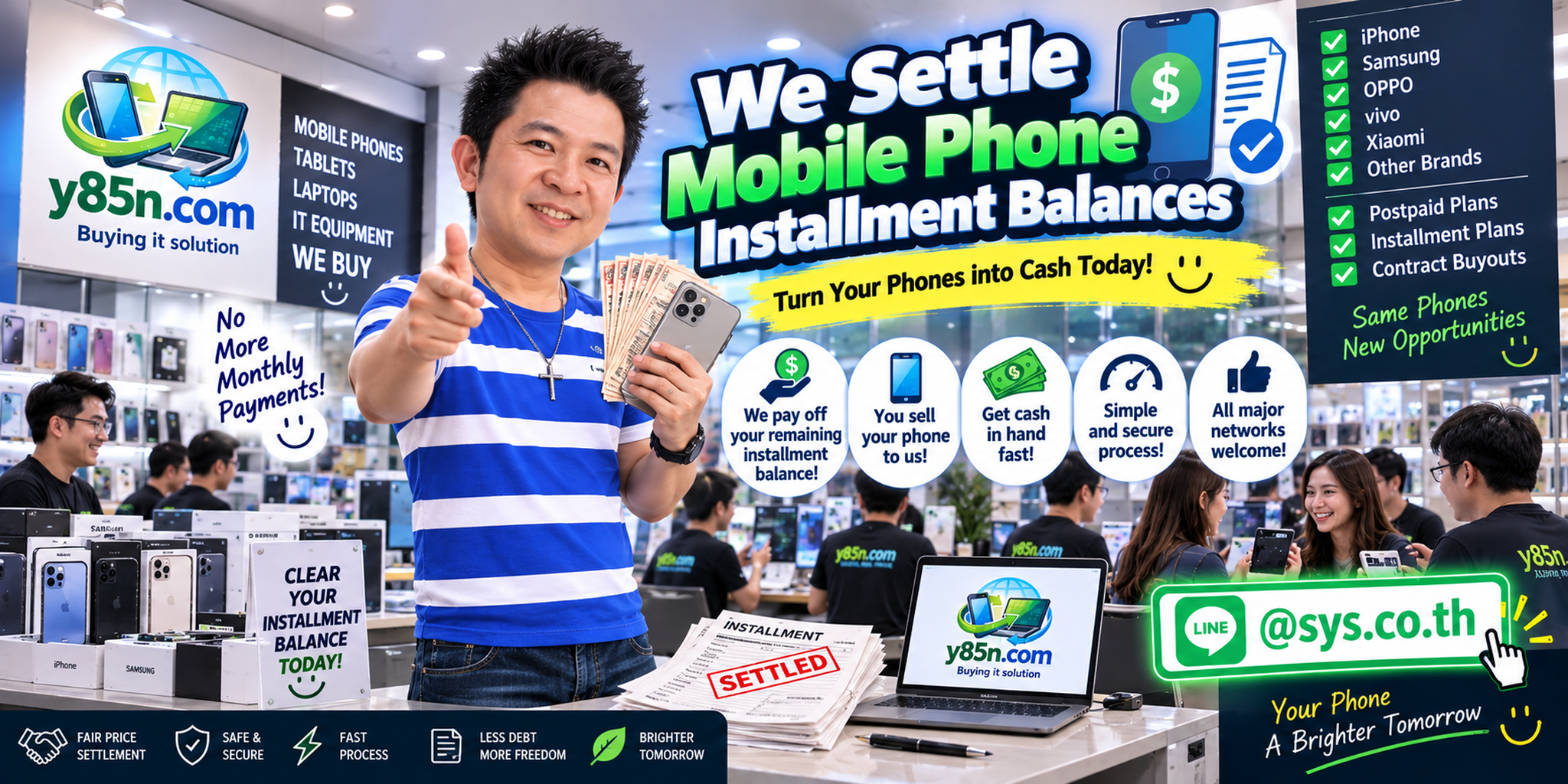 Y85N.com mobile phone installment balance settlement service in Thailand with international seller support