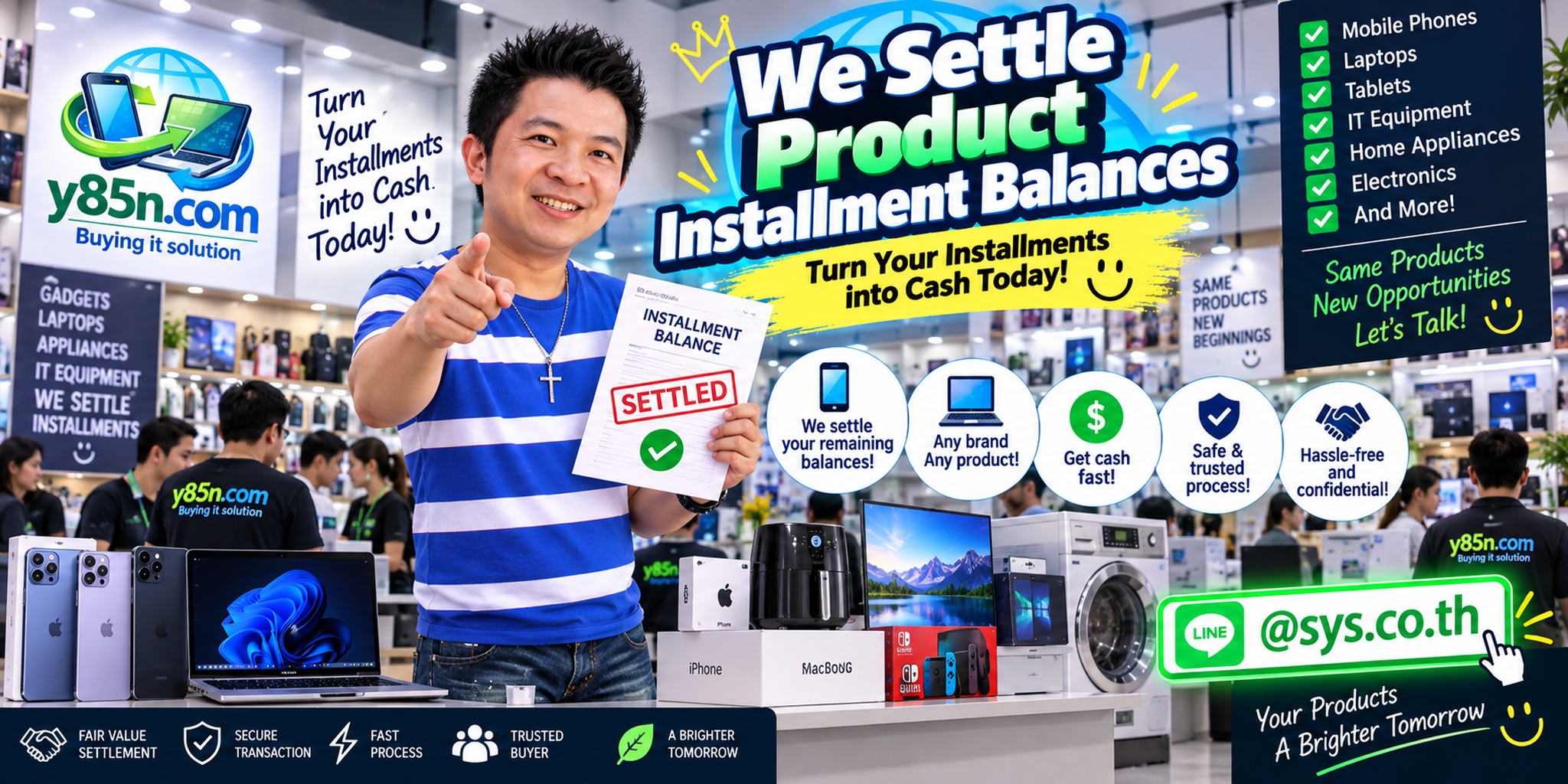 Y85N.com product installment balance settlement service in Thailand with phones laptops tablets cameras gaming devices and appliances